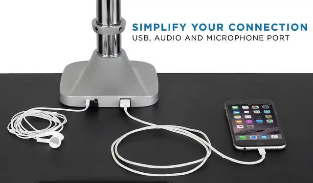 Alt view image 7 of 7 - Mount-It! Triple Monitor Mount | Desk Stand with USB and Audio Ports | 3 Counter-Balanced Gas Spring Height Adjustable Arms for Three 24 27 30 32 Inch VESA Screens | C-Clamp and Grommet Bases Included