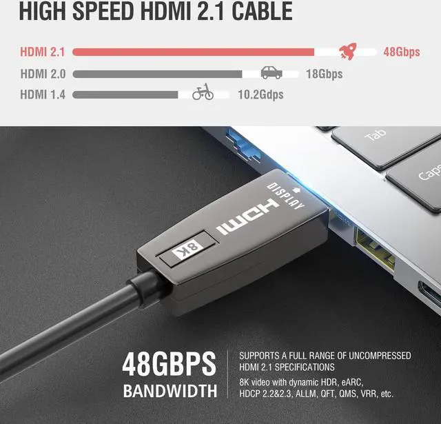 Alt view image 4 of 7 - 8K HDMI 2.1 Fiber Optic Cable 33FT 4K 120Hz 8K 60Hz Ultra High Speed 48Gbps HDR eARC HDCP2.3, Slim Flexible for RTX3080/3090, Xbox Series X, PS4/5, LG C9/CX, Samsung Q90T, TCL, Sony