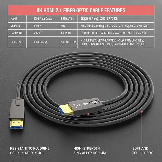 Alt view image 3 of 7 - 8K HDMI 2.1 Fiber Optic Cable 33FT 4K 120Hz 8K 60Hz Ultra High Speed 48Gbps HDR eARC HDCP2.3, Slim Flexible for RTX3080/3090, Xbox Series X, PS4/5, LG C9/CX, Samsung Q90T, TCL, Sony