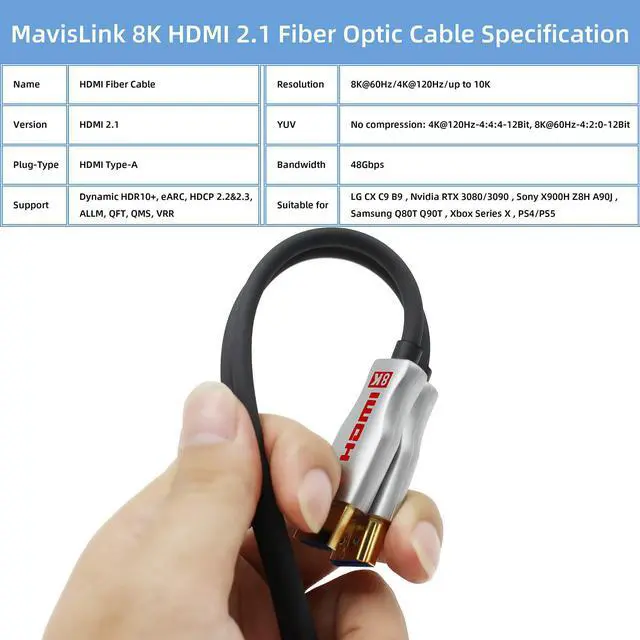 Alt view image 2 of 6 - 8K HDMI 2.1 Fiber Optic Cable 50ft 48Gbps 8K 60Hz 4K 120Hz Dynamic HDR/eARC/HDCP 2.3 Slim Flexible Suitable for RTX 3080 3090 Xbox Series X PS5 LG C9 Samsung Q90T TCL Sony