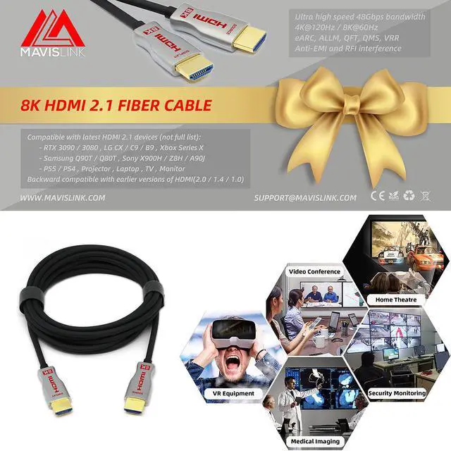 Alt view image 6 of 6 - 8K HDMI 2.1 Fiber Optic Cable 50ft 48Gbps 8K 60Hz 4K 120Hz Dynamic HDR/eARC/HDCP 2.3 Slim Flexible Suitable for RTX 3080 3090 Xbox Series X PS5 LG C9 Samsung Q90T TCL Sony