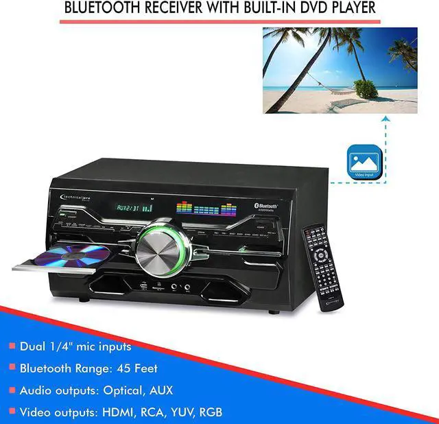 Alt view image 4 of 7 - 4000 Watts Professional Bluetooth Home Audio Receiver w/ Built-in DVD Player, Dual 1/4'' Mic and USB SD Inputs, Volume and Echo Controls, Remote Included, for Karaoke, Parties and More