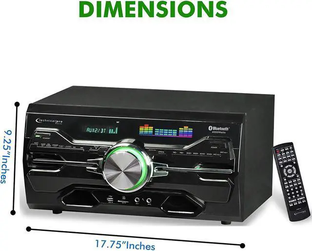 Alt view image 2 of 7 - 4000 Watts Professional Bluetooth Home Audio Receiver w/ Built-in DVD Player, Dual 1/4'' Mic and USB SD Inputs, Volume and Echo Controls, Remote Included, for Karaoke, Parties and More