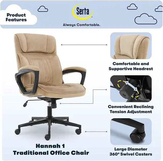 Alt view image 2 of 7 - Serta Hannah Executive Microfiber Office Chair with Headrest Pillow, Adjustable Ergonomic with Lumbar Support, Soft Fabric, Beige