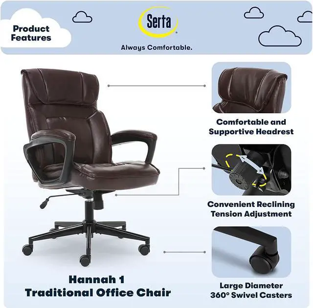 Alt view image 2 of 7 - Serta Hannah Microfiber Office Chair with Headrest Pillow, Adjustable Ergonomic with Lumbar Support, Soft Fabric, Bonded Leather, Brown