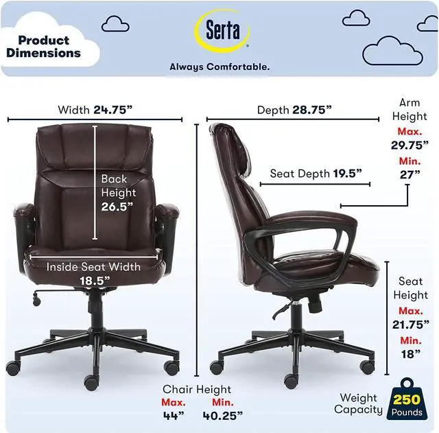 Alt view image 3 of 7 - Serta Hannah Microfiber Office Chair with Headrest Pillow, Adjustable Ergonomic with Lumbar Support, Soft Fabric, Bonded Leather, Brown