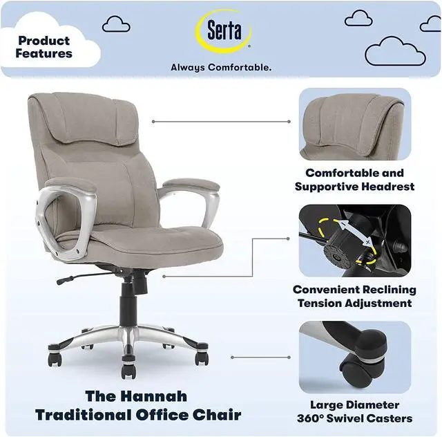 Alt view image 2 of 7 - Serta Executive Office Chair Ergonomic Computer Upholstered Layered Body Pillows, Contoured Lumbar Zone, Black Base, Fabric, Grey/Silver