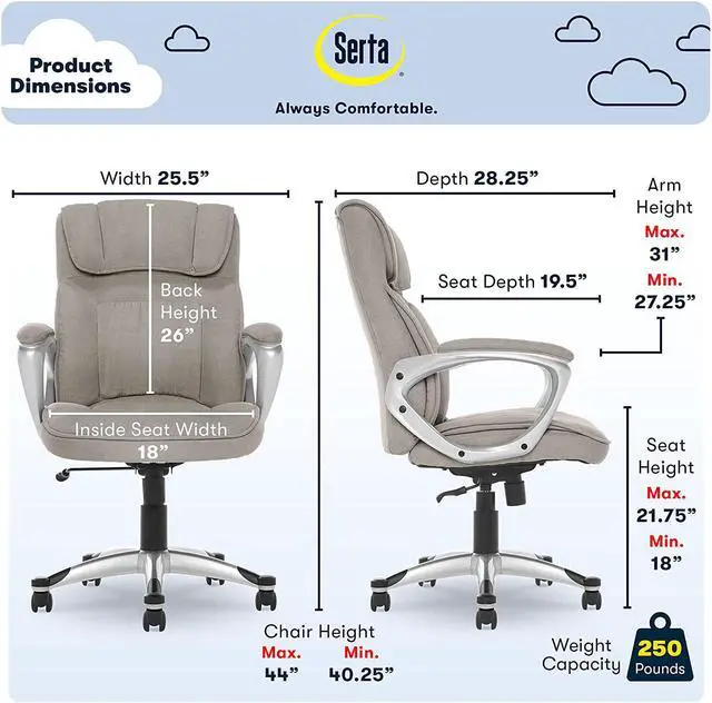 Alt view image 3 of 7 - Serta Executive Office Chair Ergonomic Computer Upholstered Layered Body Pillows, Contoured Lumbar Zone, Black Base, Fabric, Grey/Silver
