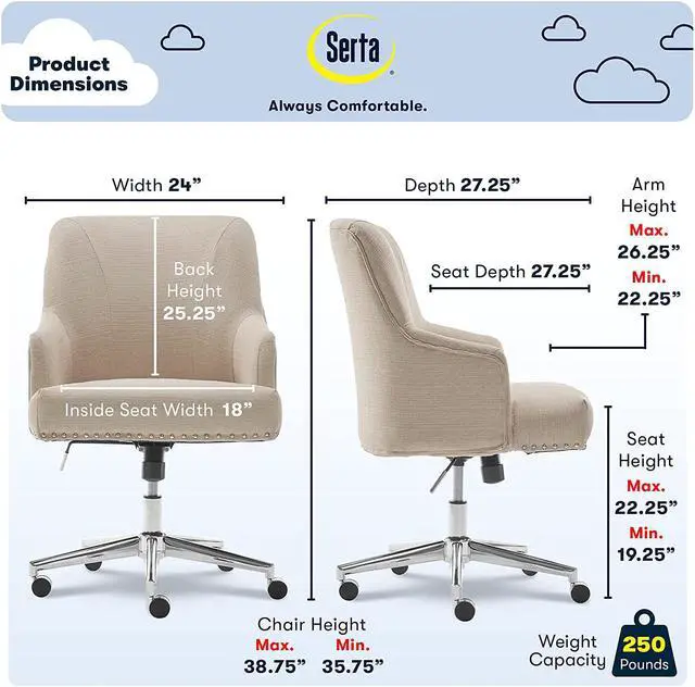 Alt view image 3 of 7 - Serta Leighton Home Office Memory Foam, Height-Adjustable Desk Accent Chair with Chrome-Finished Stainless-Steel Base, Twill Fabric, Stoneware Beige