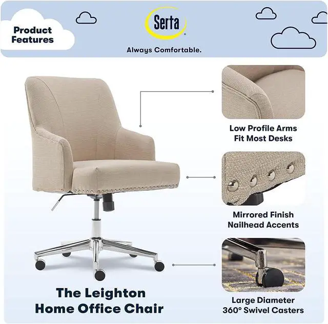 Alt view image 2 of 7 - Serta Leighton Home Office Memory Foam, Height-Adjustable Desk Accent Chair with Chrome-Finished Stainless-Steel Base, Twill Fabric, Stoneware Beige