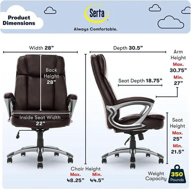 Alt view image 3 of 7 - Serta Big & Tall Executive Office Chair High Back All Day Comfort Ergonomic Lumbar Support, Bonded Leather, Brown