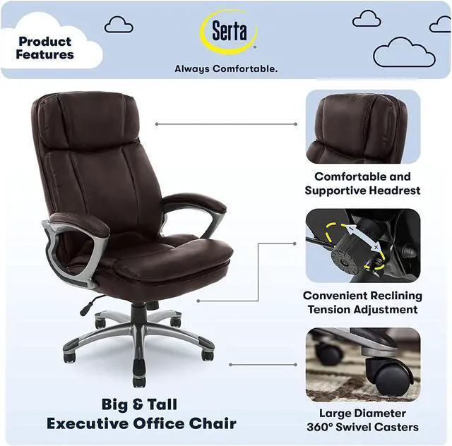 Alt view image 2 of 7 - Serta Big & Tall Executive Office Chair High Back All Day Comfort Ergonomic Lumbar Support, Bonded Leather, Brown