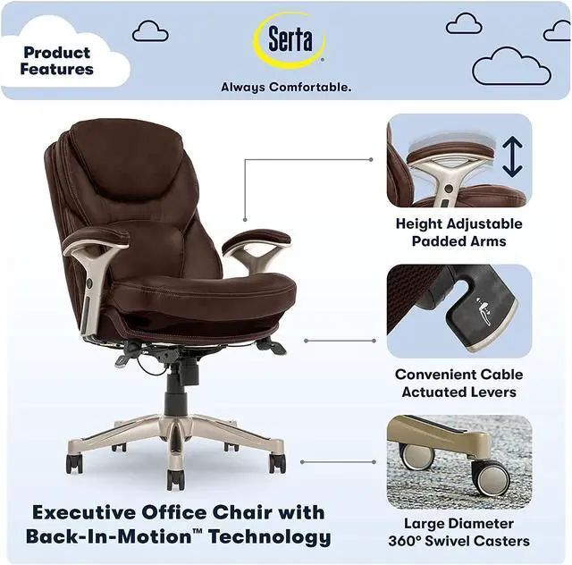 Alt view image 3 of 7 - Serta Ergonomic Executive Office Chair Motion Technology Adjustable Mid Back Design with Lumbar Support, Chestnut Bonded Leather