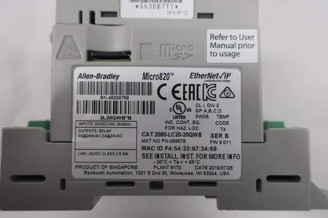 Alt view image 6 of 6 - ALLEN BRADLEY 2080-LC20-20QWB MICRO820 PROGRAMMABLE Controller SER B D665091 I/O ENET/IP