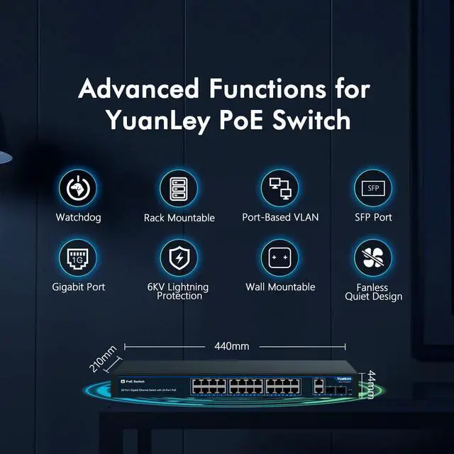Alt view image 4 of 7 - 24 Port PoE Gigabit Switch, 28 Port Unmanaged Ethernet PoE Switch @400w,Sturdy Metal for Desktop/Rack Mount