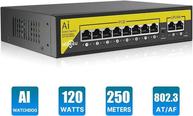 Main image of 1000 MBPS Hiseeu 8 Port PoE Switch (8 PoE+ Ports + 2 Ethernet Uplink Ports), 802.3 af/at, 100Mbps, Plug & Play, 120 W, AI Watchdog, 250m (820 ft), Noiseless/ Compact & Sturdy Metal Case/ Desktop