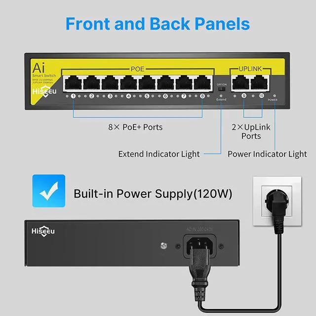Alt view image 5 of 7 - 1000 MBPS Hiseeu 8 Port PoE Switch (8 PoE+ Ports + 2 Ethernet Uplink Ports), 802.3 af/at, 100Mbps, Plug & Play, 120 W, AI Watchdog, 250m (820 ft), Noiseless/ Compact & Sturdy Metal Case/ Desktop