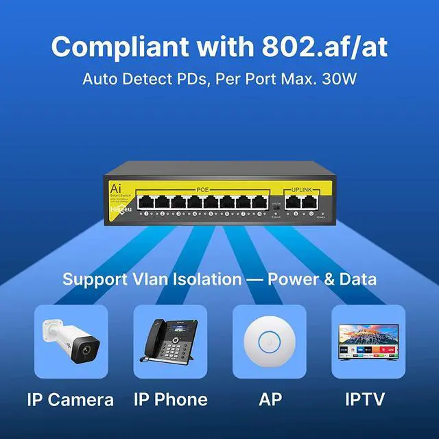 Alt view image 2 of 7 - 1000 MBPS Hiseeu 8 Port PoE Switch (8 PoE+ Ports + 2 Ethernet Uplink Ports), 802.3 af/at, 100Mbps, Plug & Play, 120 W, AI Watchdog, 250m (820 ft), Noiseless/ Compact & Sturdy Metal Case/ Desktop