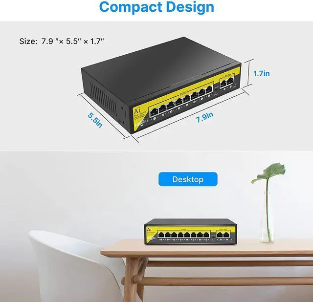 Alt view image 7 of 7 - 1000 MBPS Hiseeu 8 Port PoE Switch (8 PoE+ Ports + 2 Ethernet Uplink Ports), 802.3 af/at, 100Mbps, Plug & Play, 120 W, AI Watchdog, 250m (820 ft), Noiseless/ Compact & Sturdy Metal Case/ Desktop