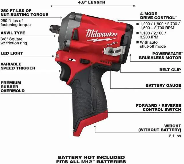 Alt view image 2 of 7 - MILWAUKEE M12 Fuel Stubby 3/8" Impact Wrench (Bare Tool)