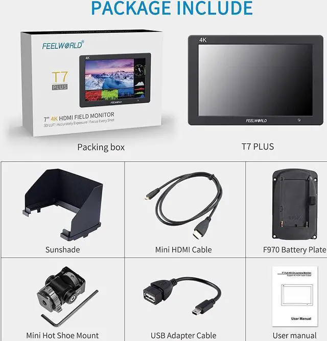 Alt view image 7 of 7 - T7 Plus 7 Inch 3D LUT DSLR Camera Field Monitor with Waveform Histogram Peaking Focus False Colors 4K HDMI Input Output Full HD 1920x1200 Solid Aluminum Housing