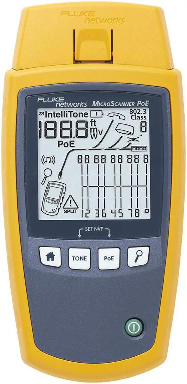 Main image of Fluke Networks - 5018508 MS-POE MicroScanner Copper Cable Verifier and PoE tester for RJ-45 Category 5-6A Ethernet Cables, Identifies Supplied Class 0-8 Power from Ethernet PSE Devices