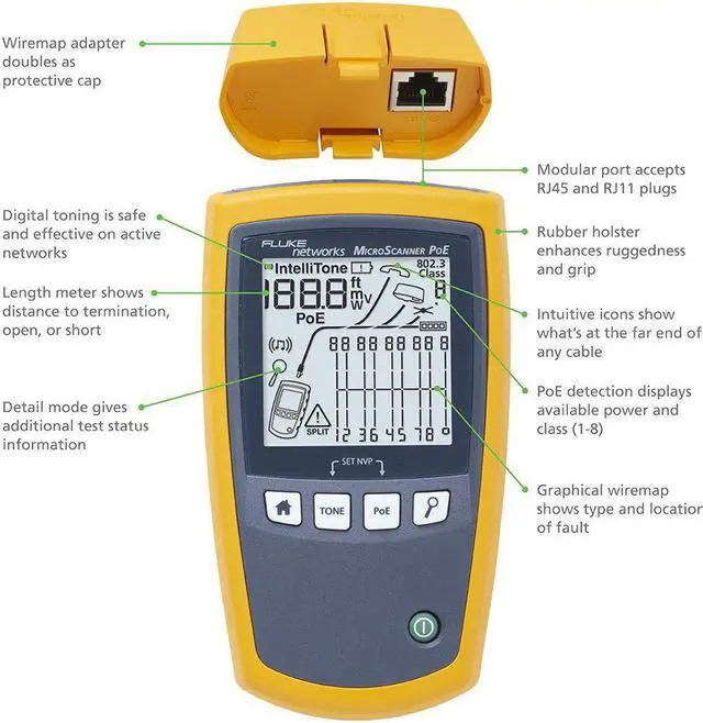 Alt view image 2 of 6 - Fluke Networks - 5018508 MS-POE MicroScanner Copper Cable Verifier and PoE tester for RJ-45 Category 5-6A Ethernet Cables, Identifies Supplied Class 0-8 Power from Ethernet PSE Devices