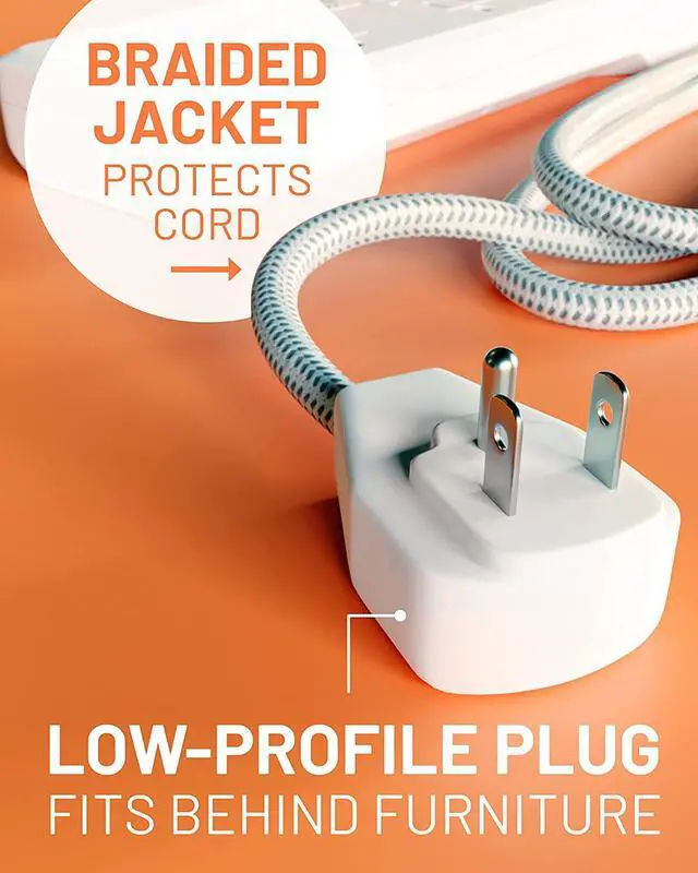 Alt view image 5 of 7 - ECHOGEAR Surge Protector Power Strip with USB-A & USB-C Ports - Low Profile Design with Braided 6' Cord, Flat Plug & 2160 Joules of Multi Outlet Surge Protection - White