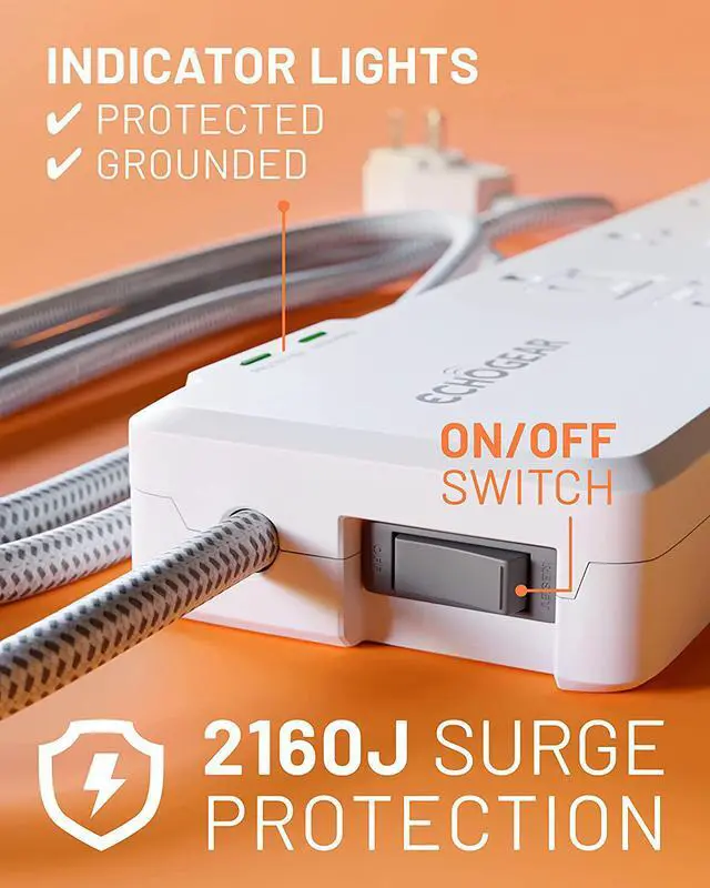 Alt view image 3 of 7 - ECHOGEAR Surge Protector Power Strip with USB-A & USB-C Ports - Low Profile Design with Braided 6' Cord, Flat Plug & 2160 Joules of Multi Outlet Surge Protection - White