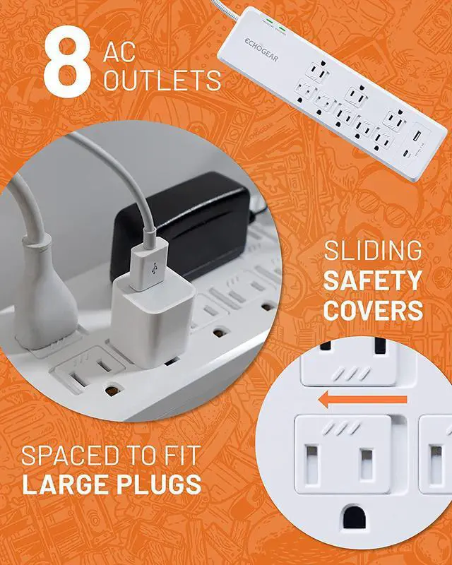 Alt view image 2 of 7 - ECHOGEAR Surge Protector Power Strip with USB-A & USB-C Ports - Low Profile Design with Braided 6' Cord, Flat Plug & 2160 Joules of Multi Outlet Surge Protection - White