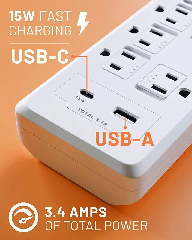 Alt view image 4 of 7 - ECHOGEAR Surge Protector Power Strip with USB-A & USB-C Ports - Low Profile Design with Braided 6' Cord, Flat Plug & 2160 Joules of Multi Outlet Surge Protection - White