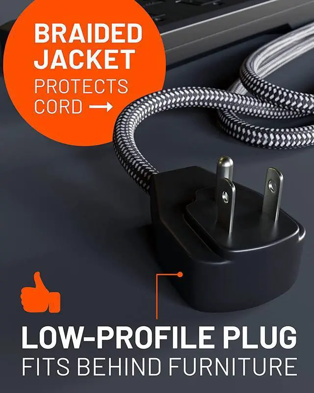 Alt view image 5 of 7 - ECHOGEAR Surge Protector Power Strip with USB-A & USB-C Ports - Low Profile Design with Braided 6' Cord, Flat Plug & 2160 Joules of Multi Outlet Surge Protection - Black