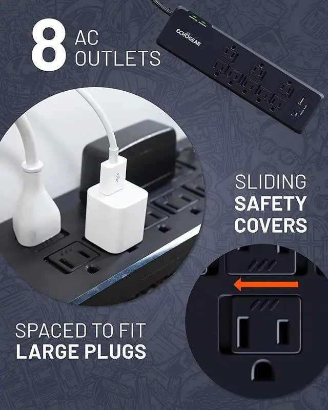 Alt view image 2 of 7 - ECHOGEAR Surge Protector Power Strip with USB-A & USB-C Ports - Low Profile Design with Braided 6' Cord, Flat Plug & 2160 Joules of Multi Outlet Surge Protection - Black