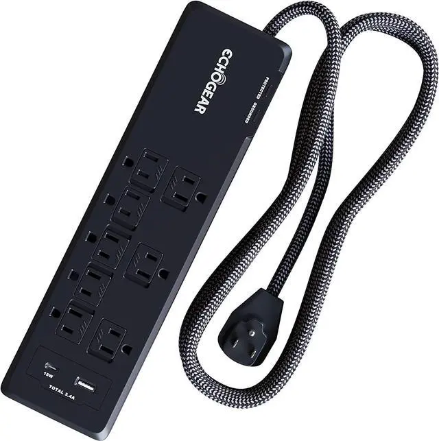 Main image of ECHOGEAR Surge Protector Power Strip with USB-A & USB-C Ports - Low Profile Design with Braided 6' Cord, Flat Plug & 2160 Joules of Multi Outlet Surge Protection - Black