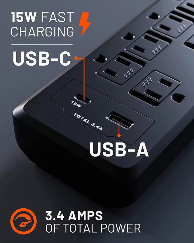Alt view image 4 of 7 - ECHOGEAR Surge Protector Power Strip with USB-A & USB-C Ports - Low Profile Design with Braided 6' Cord, Flat Plug & 2160 Joules of Multi Outlet Surge Protection - Black