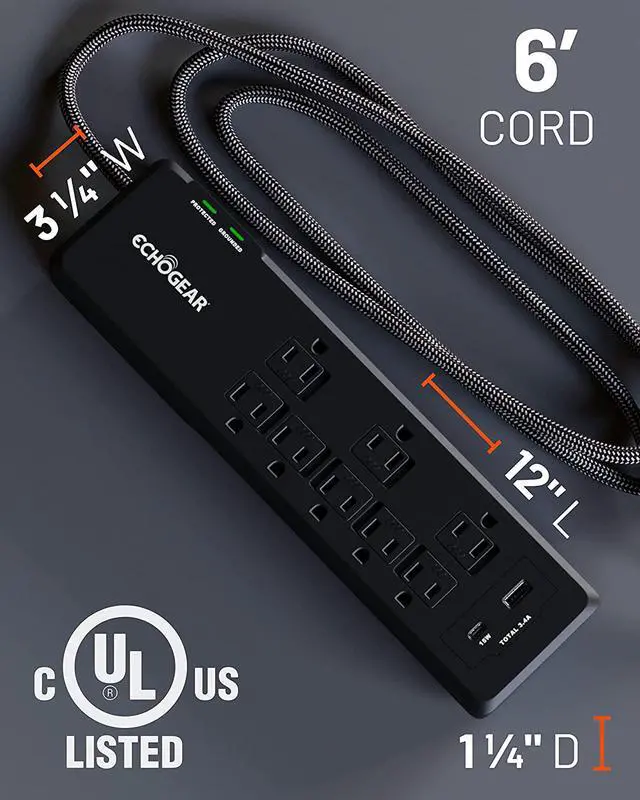 Alt view image 7 of 7 - ECHOGEAR Surge Protector Power Strip with USB-A & USB-C Ports - Low Profile Design with Braided 6' Cord, Flat Plug & 2160 Joules of Multi Outlet Surge Protection - Black