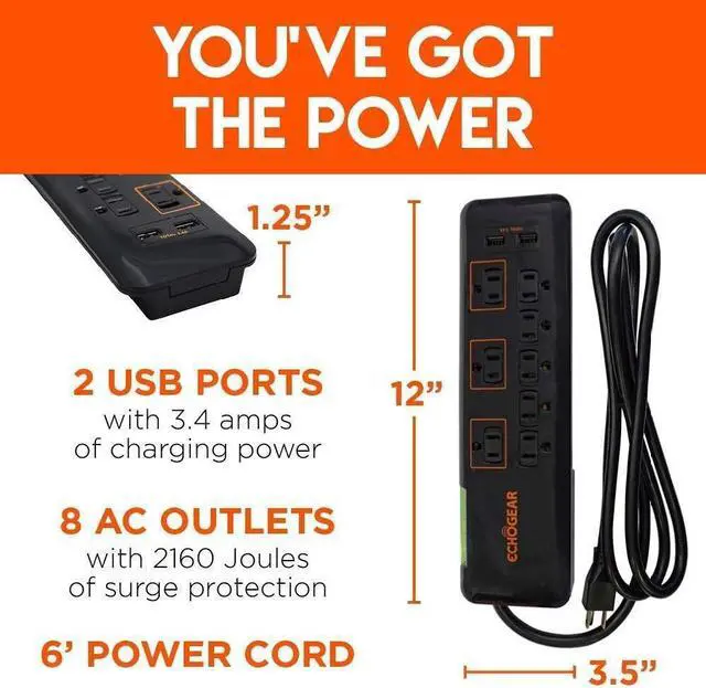 Alt view image 2 of 6 - ECHOGEAR Low Profile Surge Protector Power Strip with 8 Outlets & 2 USB Ports - Best Surge Suppressor with 2160 Joules of Protection - Slim Black Profile is Easy to Store & Wall Mountable