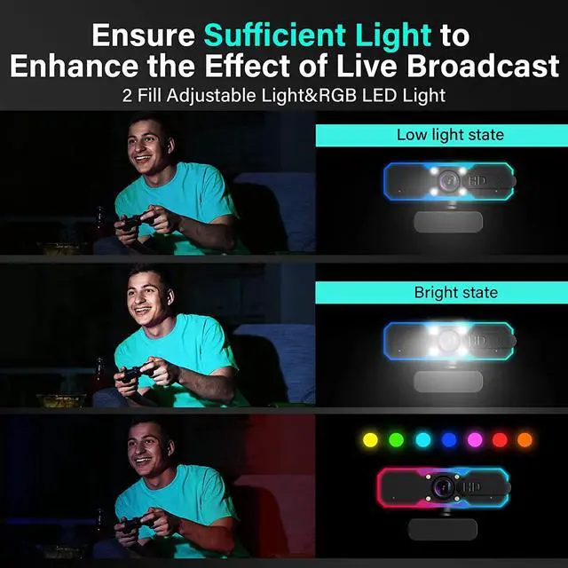 Alt view image 4 of 7 - Gaming Webcam HD 1080p Webcam with Light, Streaming Webcam for Gaming, Webcam with Microphone for PC Laptop Desktop, Full HD Camera