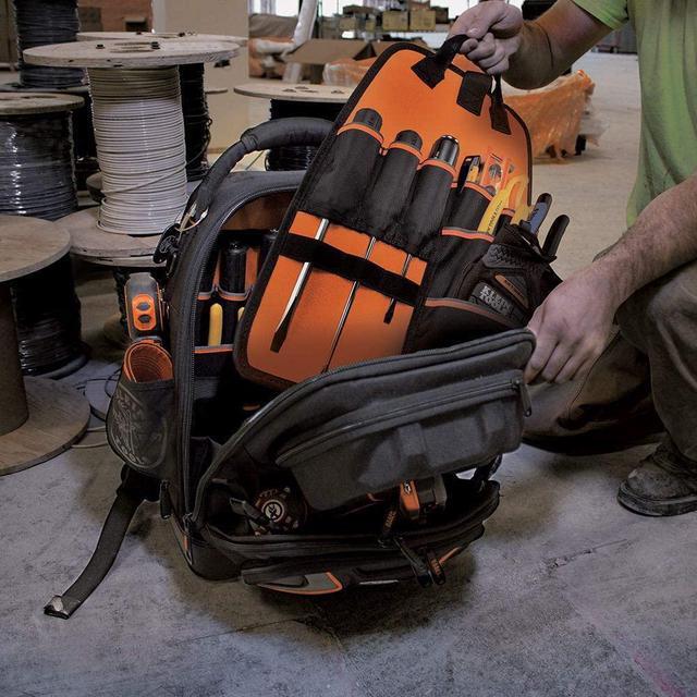 Alt view image 3 of 6 - Tool Bag Backpack, Durable Electrician Backpack with 48 Pockets for Hand Tools, Waterproof Bottom, Removable Tool Carrier