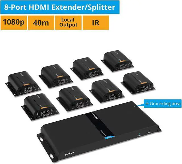 Alt view image 3 of 7 - 1080p 1x8 8 Port HDMI Extender Splitter Over CAT6/CAT6a/CAT7 Ethernet Cable with an HDMI Loopout & IR Extension (1 in 8 Out)  Up to 40m (130ft) at 1080p 60Hz (HDMIExt8P)