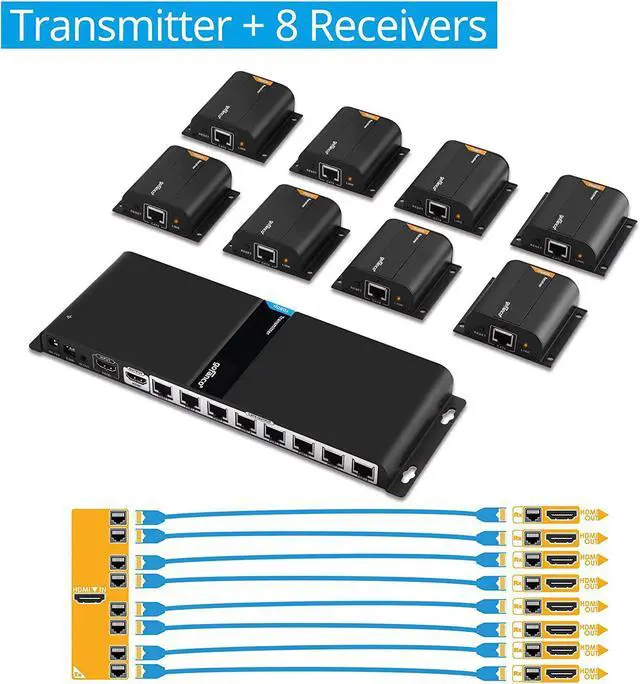 Alt view image 2 of 7 - 1080p 1x8 8 Port HDMI Extender Splitter Over CAT6/CAT6a/CAT7 Ethernet Cable with an HDMI Loopout & IR Extension (1 in 8 Out)  Up to 40m (130ft) at 1080p 60Hz (HDMIExt8P)