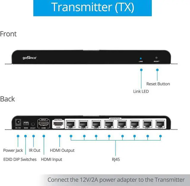 Alt view image 4 of 7 - 1080p 1x8 8 Port HDMI Extender Splitter Over CAT6/CAT6a/CAT7 Ethernet Cable with an HDMI Loopout & IR Extension (1 in 8 Out)  Up to 40m (130ft) at 1080p 60Hz (HDMIExt8P)