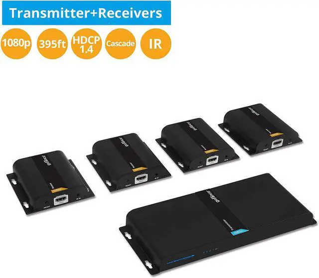 Alt view image 3 of 7 - 1080p 1x4 HDMI Extender Splitter Balun  Up to 395ft (120m), Direct Connection from Transmitter to Receivers Over CAT5e / CAT6 or Over IP via Gigabit Switch, IR Extension, 4port (HDbitT4Pv2)