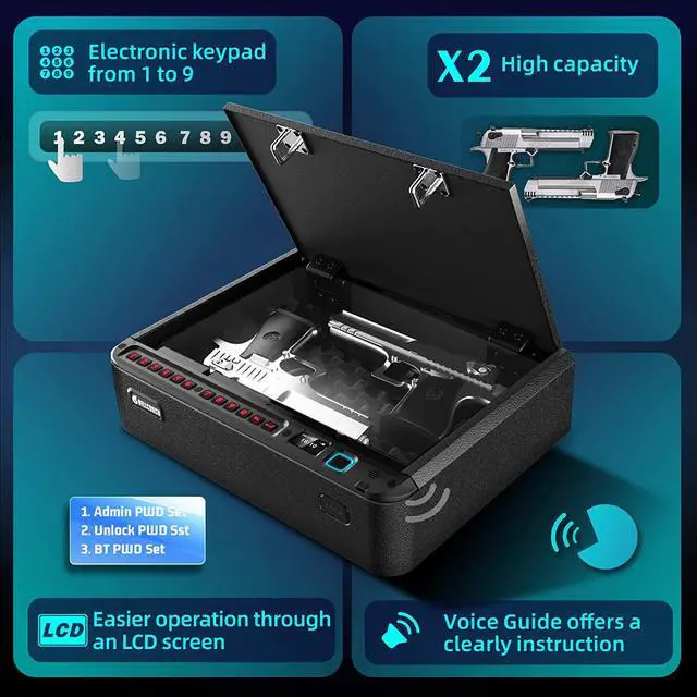 Alt view image 3 of 7 - Gun Safe - Biometric Gun Safe for 2 Pistols with Fingerprint/Full-digital Keypad/Key/Smartphone Lock, Quick-Access Pistol Safe for Beside Nightstand Handgun Safe with LCD/Voice Guide