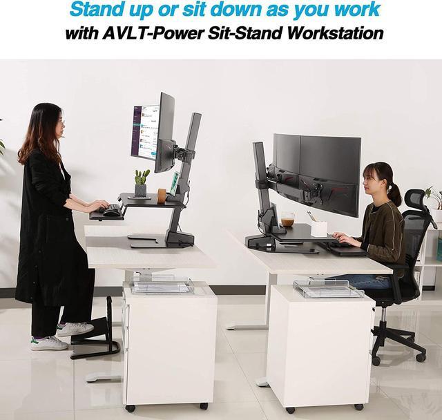 AVLT Dual 32 Monitor Electric Standing Desk Converter with Huge Keyboard  Tray Extra Large 28x 16 Spacious Tabletop Motorized Automatic Height