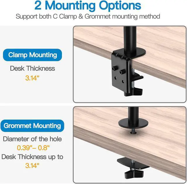 Alt view image 6 of 7 - Dual Monitor Stand - Vertical Stack Screen Supports Two 13 to 32 Inch Computer Monitors with C Clamp Grommet Base
