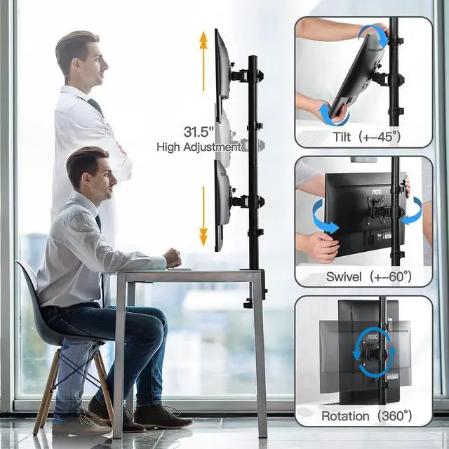 Alt view image 4 of 7 - Dual Monitor Stand - Vertical Stack Screen Supports Two 13 to 32 Inch Computer Monitors with C Clamp Grommet Base