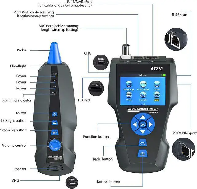Alt view image 6 of 7 - Network Cable Tester,AT278 TDR Multi-functional LCD Tracker For RJ45, RJ11, BNC, Metal Cable,PING/POE