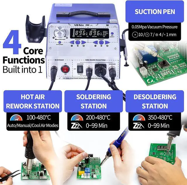 Alt view image 2 of 7 - 4 in 1 Hot Air Rework Soldering Iron and Desoldering Suction Tin Gun Station with Suction Pick Up Pen °F /°C