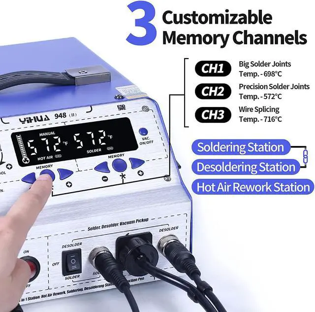 Alt view image 3 of 7 - 4 in 1 Hot Air Rework Soldering Iron and Desoldering Suction Tin Gun Station with Suction Pick Up Pen °F /°C